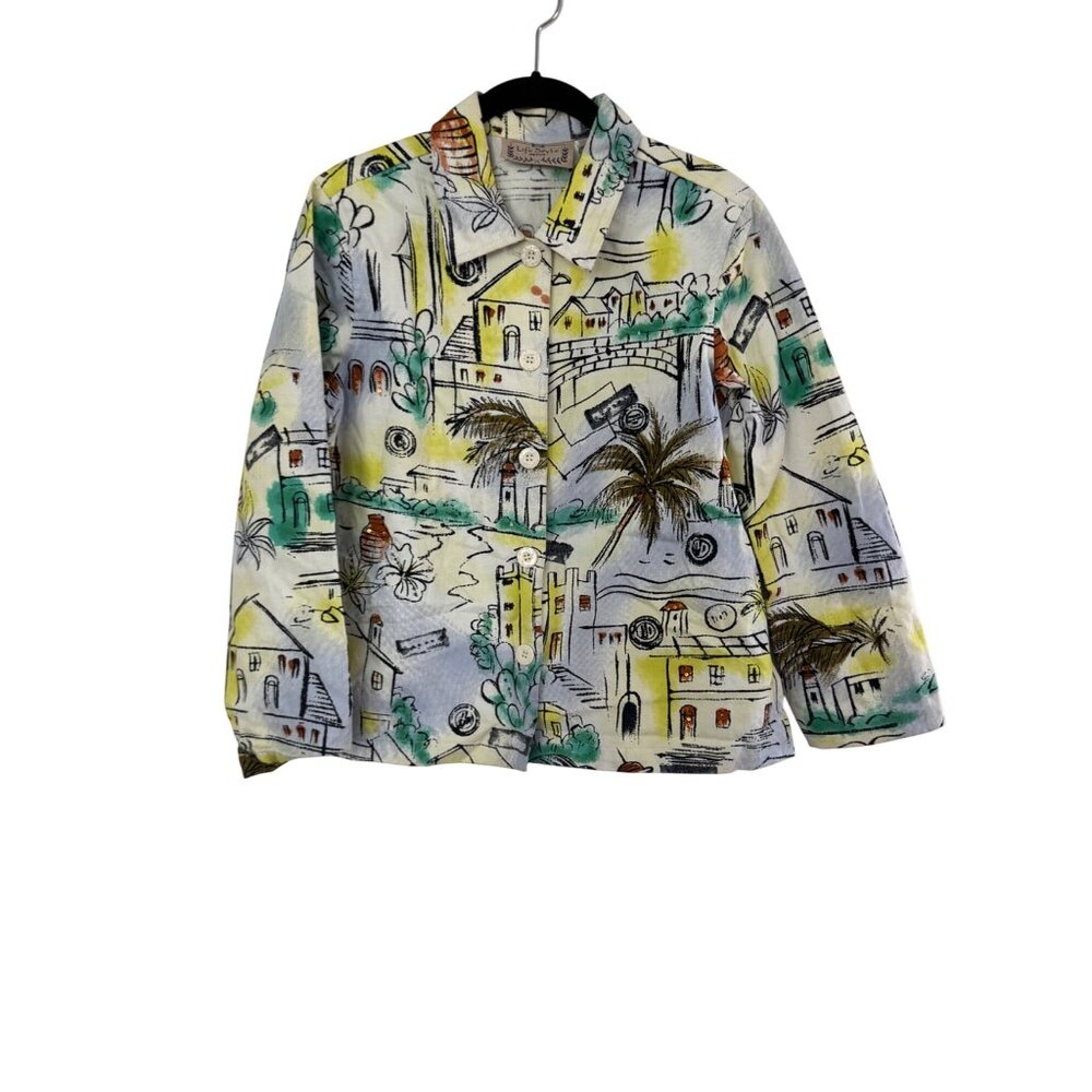 Lifestyle Petite Womens Scenic Print Button-Up Jacket